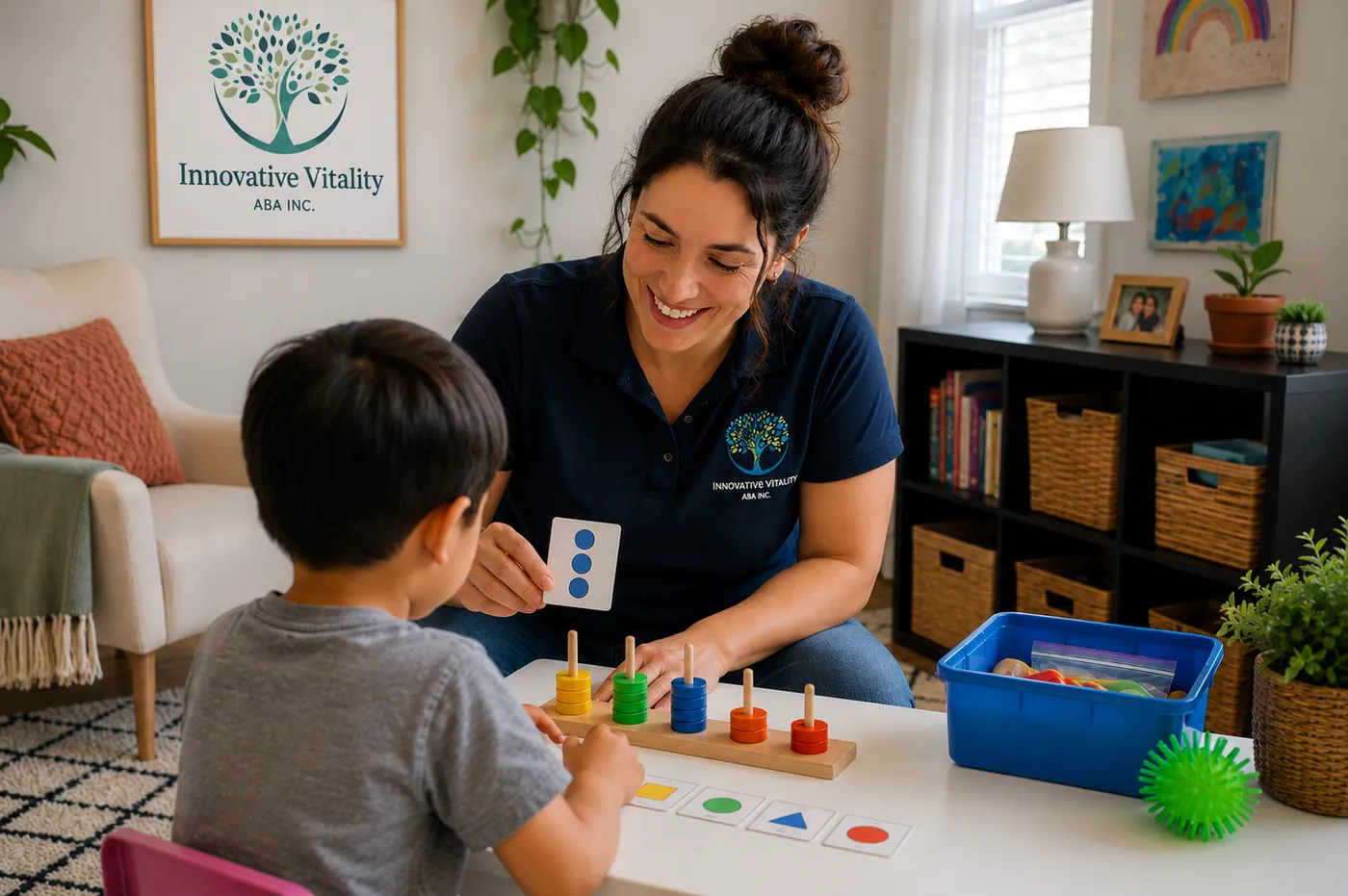 Child practicing fine motor and sorting skills in an ABA session