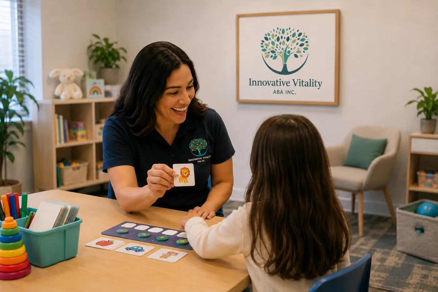 ABA therapist using picture cards to build language with a child